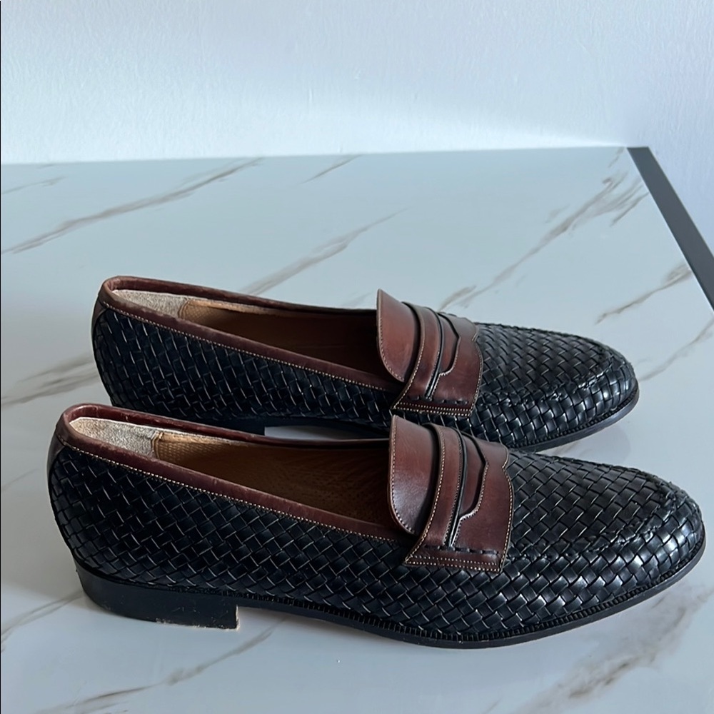 Bally Black and Brown Woven Leather Loafers